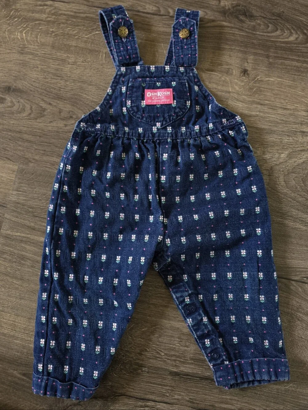 VTG Osh Kosh B'gosh Blue And Pink Floral Dot-Pattern Bow Denim Overalls